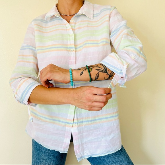 Kim Rogers linen blend button down oversized striped shirt pastel poplin plaid - Picture 2 of 8